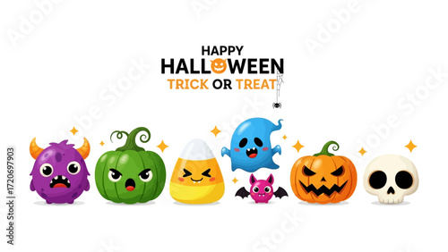 Spooky Halloween: A whimsical arrangement of friendly monsters, grinning pumpkins, playful ghosts, and candies create a fun and inviting Halloween scene with a cheerful atmosphere.