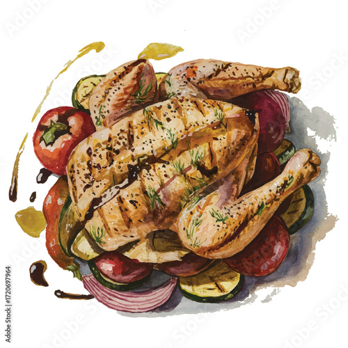 Watercolor illustration of grilled whole chicken with roasted vegetables, healthy meal, culinary artwork, delicious dinner concept