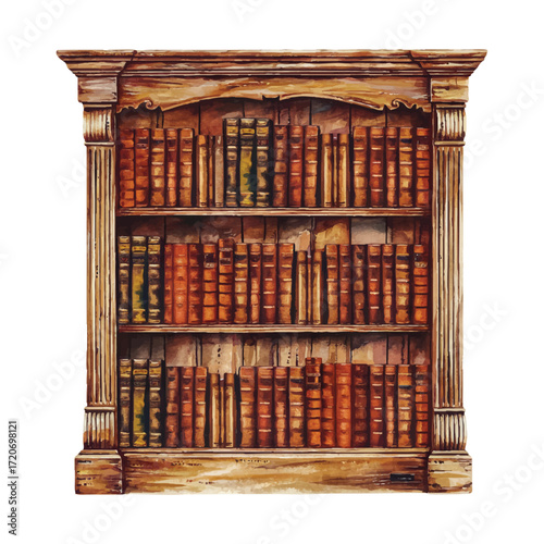Old vintage bookshelf with books isolated on transparent background, watercolor illustration style wood library with literature