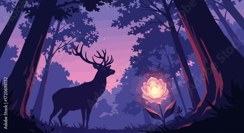 A tranquil forest landscape bathed in twilight, where a majestic deer encounters a wondrous, magically illuminated flower, creating an enchanting and mystical scene