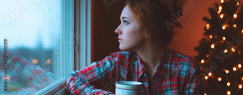 Christmas Cozy Morning Ritual, woman in plaid shirt holding cup, gazing out rainy window beside glowing Christmas tree—quiet and reflective mood.