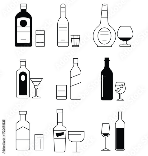 Set of wine bottle with wine glasses in line icons. Wine bottle and glasses silhouette vector. Minimalist wine bottles and glasses illustration conveys elegance. Vector illustration.