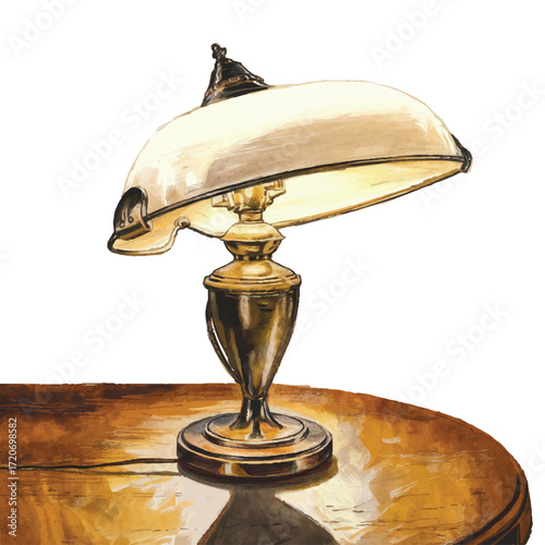 Watercolor illustration of vintage desk lamp on wooden table, warm light glow, antique home decor, classic illumination concept