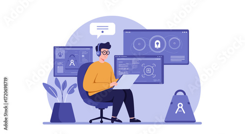 Programmer coding on laptop with multiple monitors and bag