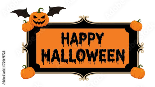 Halloween Greeting: A spooky Halloween greeting framed by a decorative border, featuring a grinning jack-o'-lantern, bats, and pumpkins, perfect for festive designs.