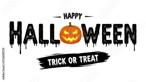 Halloween Festivities: A spooky Happy Halloween message, with a glowing jack-o'-lantern nestled amidst dripping letters and the iconic phrase Trick or Treat to bring in the spirit of the season.