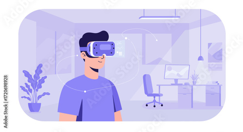 Man Immersed in Virtual Reality Technology, Experiencing Digital World