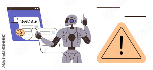 Robot reviewing digital invoice alongside a warning icon, suggesting automation in financial workflows. Ideal for finance, automation, AI, error detection, business efficiency, innovations, digital