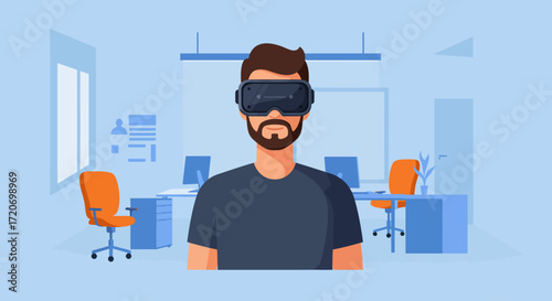 Man wearing virtual reality headset in modern office environment