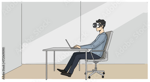 Person wearing VR headset using laptop at desk illustration