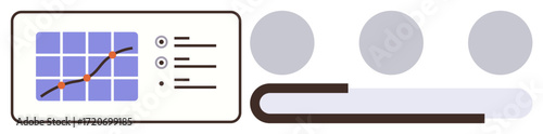 Line graph on grid panel with data points and controls, three progress indicators, and connecting path. Ideal for analytics, stats, growth, tracking, productivity navigation technology. Simple flat