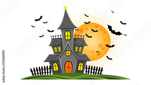 Spooky House and Glowing Moon: A whimsical and festive scene depicts a haunted house under a vibrant moon, framed by fluttering bats, evoking the spirit of Halloween and its spooky festivities.