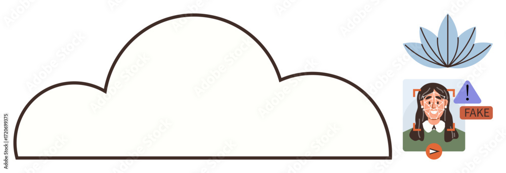 Obraz premium Cloud-shaped element with AI content notification above a person, warning sign, fake label. Ideal for misinformation, AI content, awareness, social media ethics, internet safety, education simple