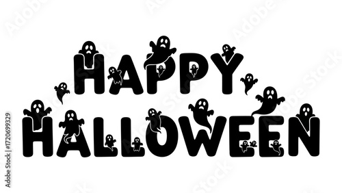 Spooky Halloween Celebration: A delightful illustration spells out 'Happy Halloween', with playful ghost characters nestled within the letters, radiating an air of spooky and festive joy.