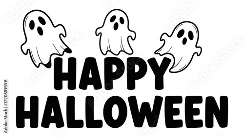 Spooky Halloween Gathering: Three playful ghosts joyfully float above the words Happy Halloween, inviting a spirited celebration filled with fun and eerie charm.