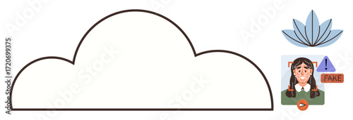 Cloud-shaped element with AI content notification above a person, warning sign, fake label. Ideal for misinformation, AI content, awareness, social media ethics, internet safety, education simple