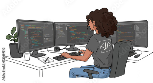 Woman Programmer Coding on Triple Monitors