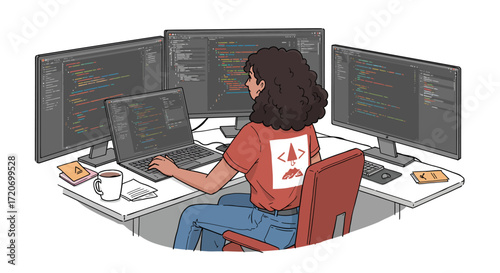 Software Engineer Coding at Multiple Monitors