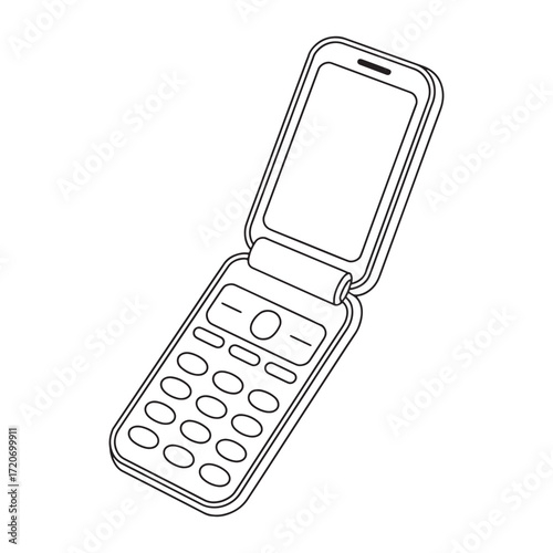 Monochrome Illustration of an Open Flip Phone with Classic Keypad Design and Clear Screen Space for Customization