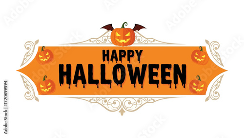 Halloween's Spooktacular: A vibrant Halloween banner features a smiling carved pumpkin and chilling Happy Halloween message, perfect for festive promotions, conveying the thrill of the season.