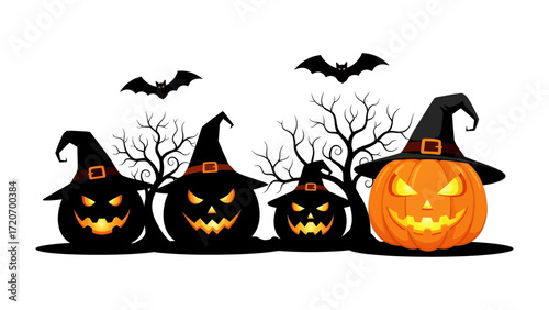 Spooky Pumpkins' Halloween: An array of carved pumpkins wearing witch hats, illuminated with eerie smiles and set against a backdrop of spooky trees and fluttering bats.
