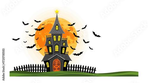Halloween Night: A chilling Halloween scene unfolds with a spooky haunted house set against a full moon, with bats silhouetted, creating a captivating visual.