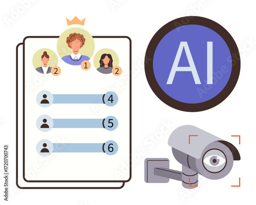 Leaderboard with ranked individuals, AI badge, surveillance camera facing viewer. Ideal for AI ethics, monitoring, competition, data privacy, surveillance ranking systems technology. Simple flat
