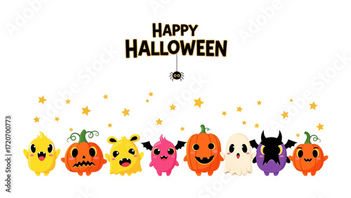 Halloween Creatures Gathering: An illustrated Halloween-themed design features a cheerful assortment of cartoon characters and holiday elements against an inviting background.