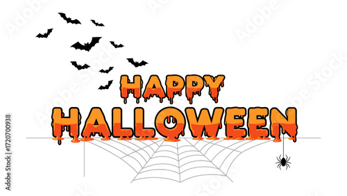 Spooky Happy Halloween Typography: Captivating Halloween typography artfully displayed with a spiderweb and a swarm of bats creating a playful yet chilling atmosphere for your holiday needs.
