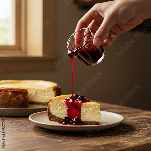 Cheesecake slice with berry sauce