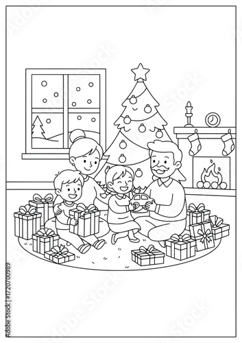 Christmas family celebration illustration with parents and children sitting near decorated tree and fireplace exchanging gifts in a joyful festive holiday scene