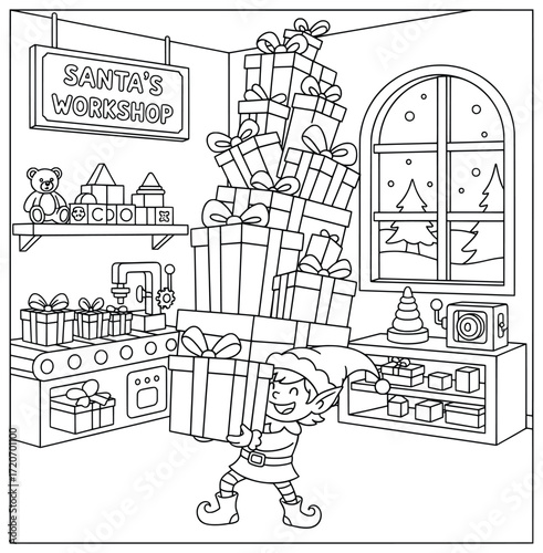 Christmas elf illustration carrying stacked wrapped presents inside Santa’s workshop filled with toys shelves and window view of snowy trees in festive holiday scene