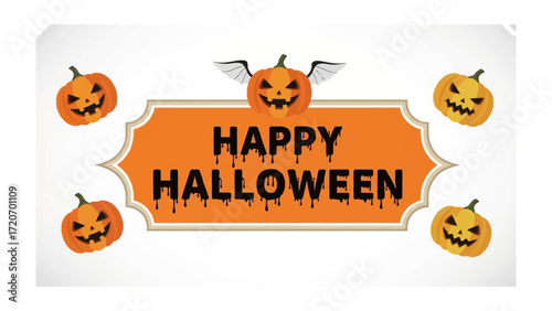 Spooky Halloween Celebration: A festive Halloween-themed scene featuring grinning jack-o'-lanterns, with the message HAPPY HALLOWEEN, capturing the essence of the spooky season.
