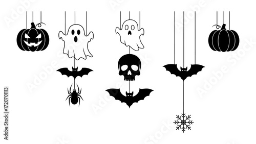 Halloween decorations: A collection of Halloween decorations includes the pumpkins, ghosts, spider and bats in a line, bringing a festive atmosphere for the party.