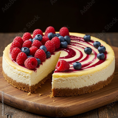 Cheesecake with raspberries and blueberries