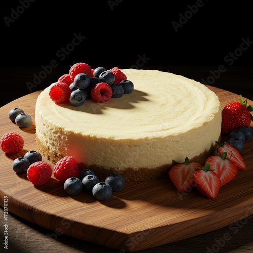 Cheesecake with berries on wooden board