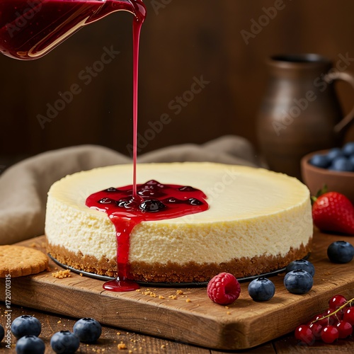 Cheesecake with berry sauce and fresh fruit