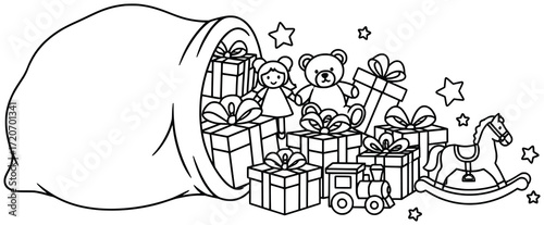 Christmas present illustration of Santa sack overflowing with wrapped gifts and toys including teddy bear doll rocking horse and train surrounded by festive stars