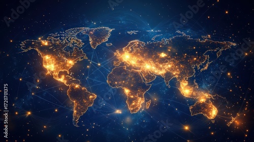 Fototapeta Naklejka Na Ścianę i Meble -  A world map illuminated with city lights and interconnected network lines in a dark space background