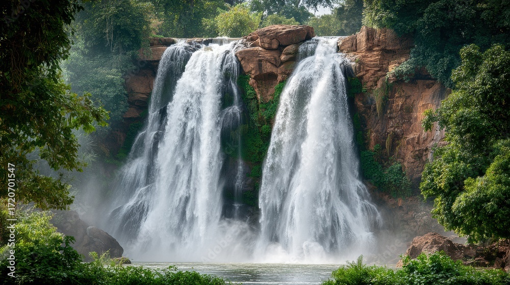 Obraz premium Majestic Waterfalls Cascading Down Rocky Cliffs Surrounded by Greenery