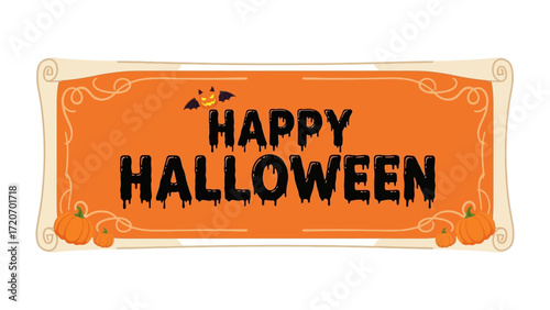 Happy Halloween Banner: A festive banner, adorned with pumpkins and a bat, announces the joyous occasion in an orange and cream palette. perfect for seasonal design and Halloween celebrations. 