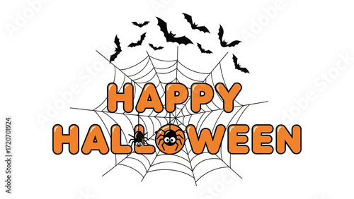 Happy Halloween: Spooky greetings emerge, Halloween message in a festive composition of spider webs, bats and friendly spider to infuse Halloween.