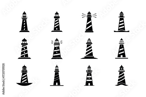 Lighthouse Icon Set – Black Silhouette Coastal Tower Navigation Symbols Collection