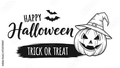 Spooky Halloween Illustration: A festive monochrome illustration celebrates Halloween with a grinning jack-o'-lantern wearing a witch's hat.