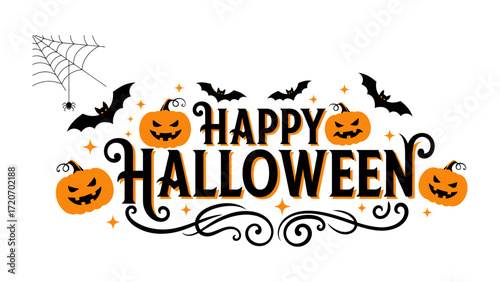 Spooky Halloween Gathering: A vibrant and spooky illustration of the Happy Halloween text, complemented by bats, pumpkins and cobwebs. The design evokes a sense of Halloween.
