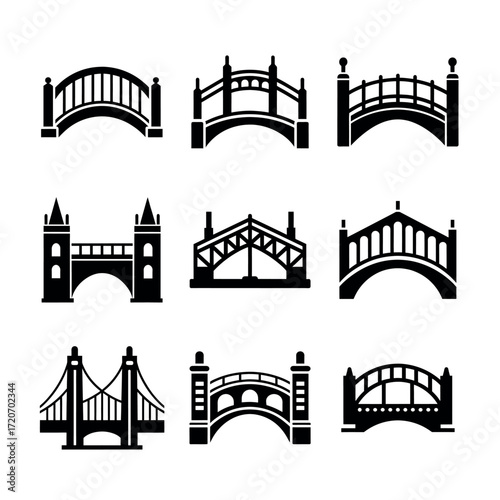 Bridge Icons Set – Vector Silhouettes of Architecture and Infrastructure
