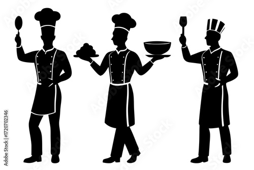set of Chef serving food silhouette vector