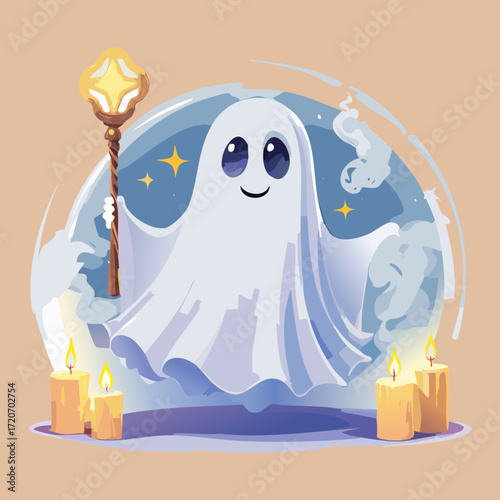 A mystical ghost with a glowing staff floating above a cauldron, a magical and mysterious scene for Halloween