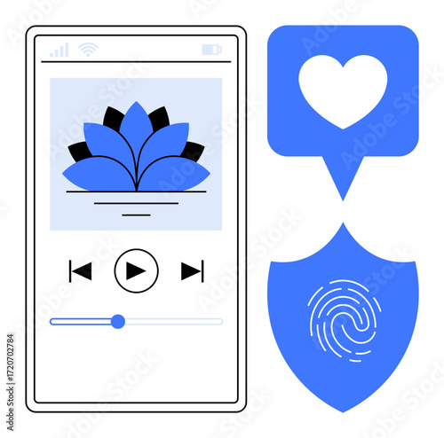 Smartphone screen with meditation app interface, shield with fingerprint, heart symbol. Ideal for wellness, mindfulness, music apps, data privacy, meditation self-care digital security. Simplistic