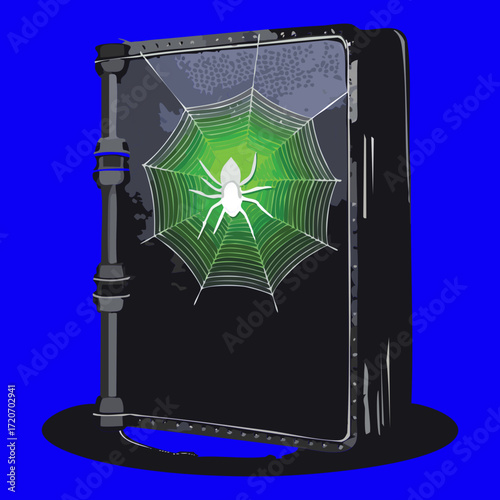 A mysterious ancient spellbook with a glowing spiderweb on its cover, symbolizing dark and forgotten lore